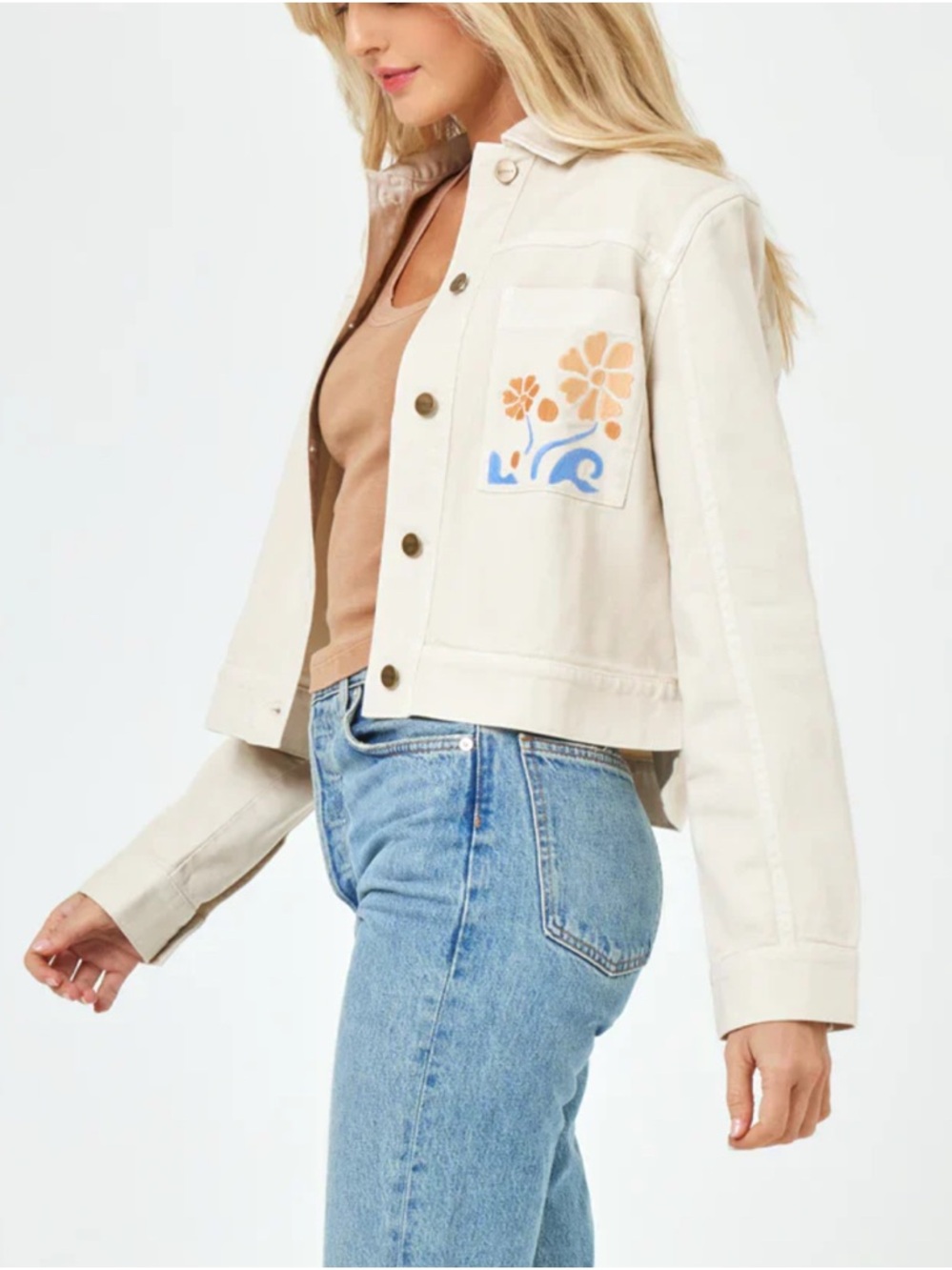 l*space Cream Capri Denim Jacket - Bone with Floral-Pocket Design